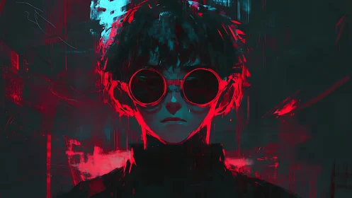 Neon backlit portrait with glitch brushwork and circular goggles