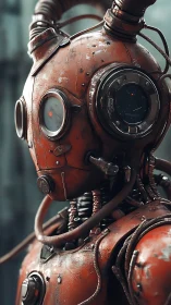 Rust colored retrofuturistic humanoid robot with hoses.