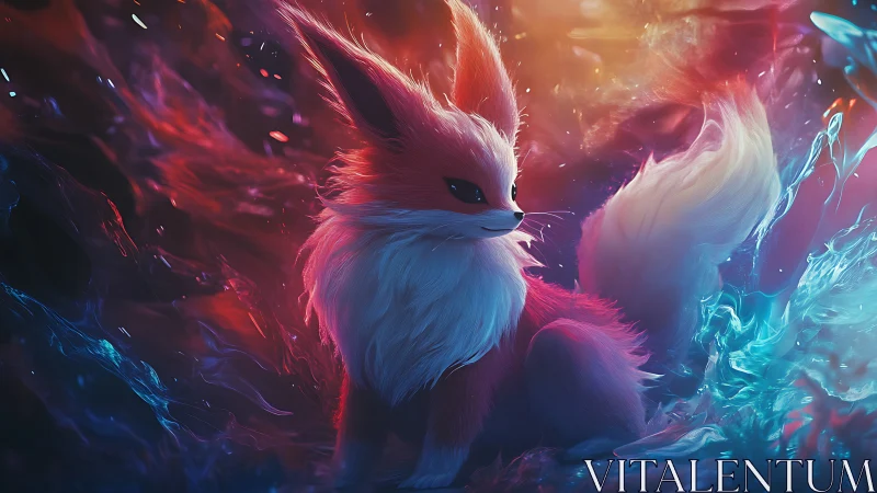 Mythic fox creature in neon elemental stormscape.