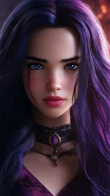 Mystic purple-haired sorceress portrait with jeweled choker.
