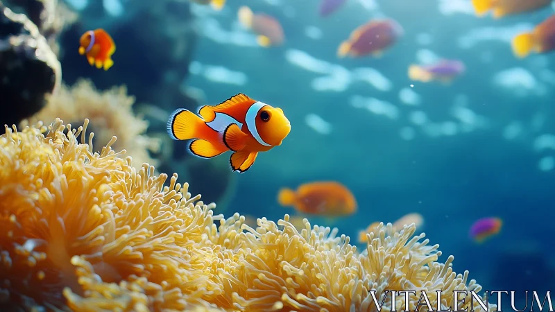 Clownfish glides above anemone in luminous reef scene