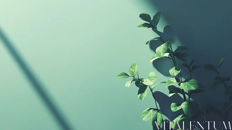 Sunlit Plant Shadows on Minimalist Green Wall, Modern Art Style.