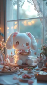 Pastel bunny plush holds dessert in dreamy window light.