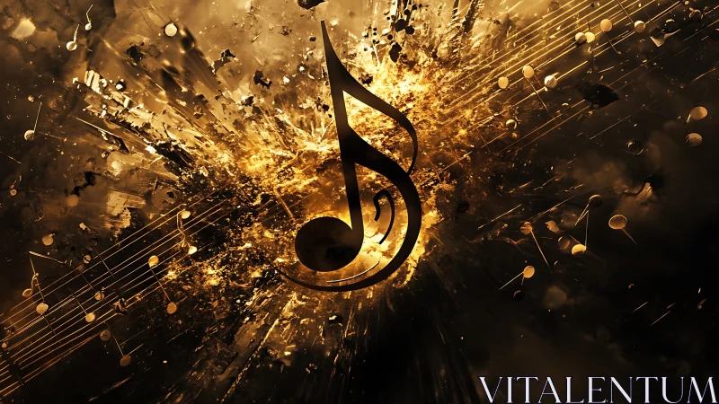 Exploding golden music note over dark abstract background.