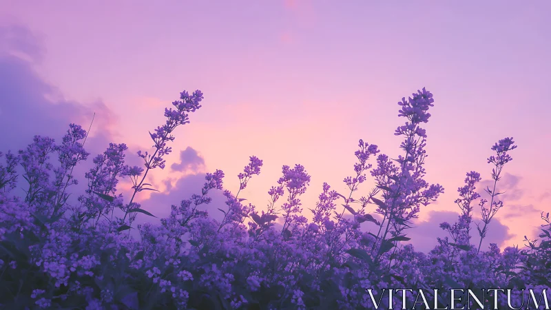 Soft lavender wildflowers glowing beneath a dreamy sunset sky.