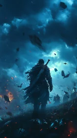 Stormlit warrior walks toward a glowing sky of battle