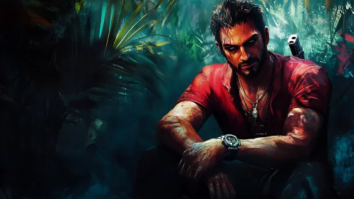 Battle-hardened man resting in tense jungle clearing.