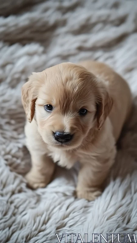 Golden retriever puppy sits on soft white textured rug