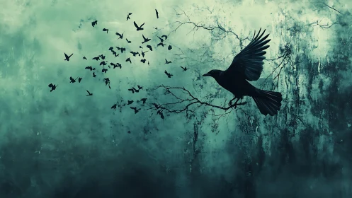 Night crows glide across misty teal sky in eerie calm