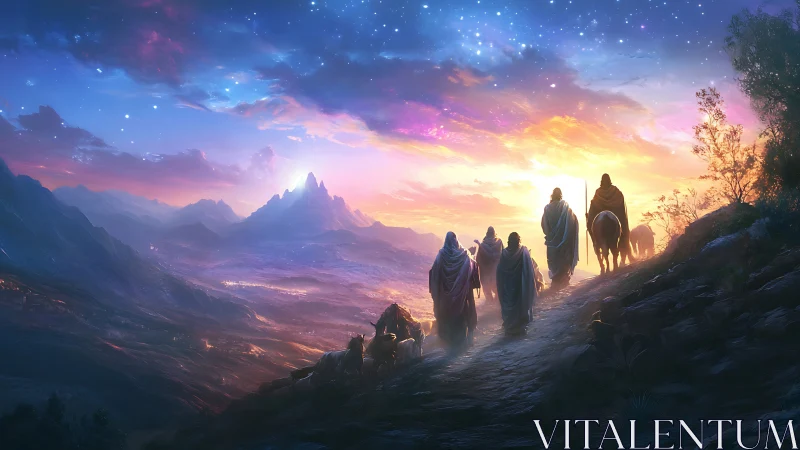 Robed travelers on ridge path under luminous twilight sky.