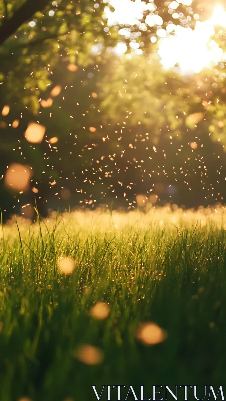 Sunlit meadow glows as floating particles dance in warm air