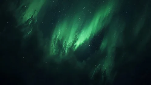 Aurora borealis curtains glow above a dark polar sky.