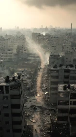 War-torn city street recedes through dense smoky ruins