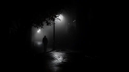 Noir street silhouette under mist-laced urban lamplight.