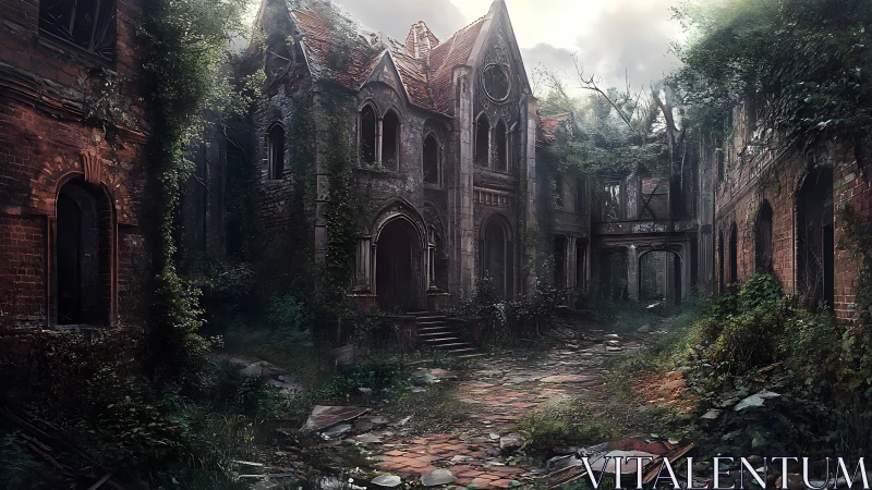 Overgrown abandoned courtyard with decayed gothic ruins.