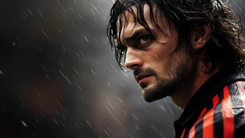 Intense soccer player portrait in rain with striped jersey.