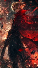 Red-cloaked swordsman stands amid abstract fiery debris