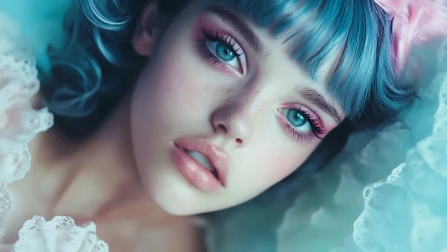 Hyper-detailed cyan-haired portrait uses shallow depth of field