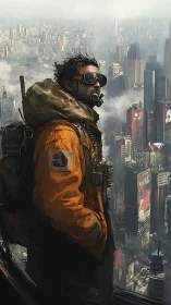Urban survivor in gas mask overlooking dense ruined city.
