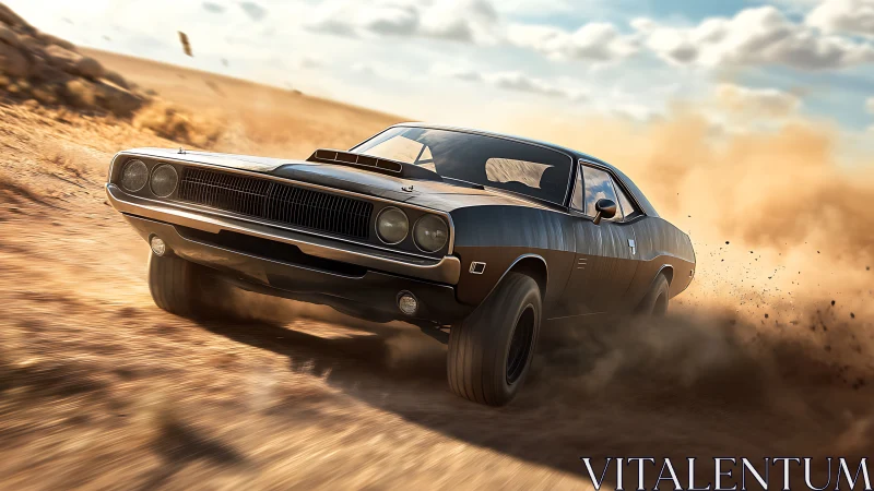 Duststorm muscle car slingshots through sunlit desert fury.