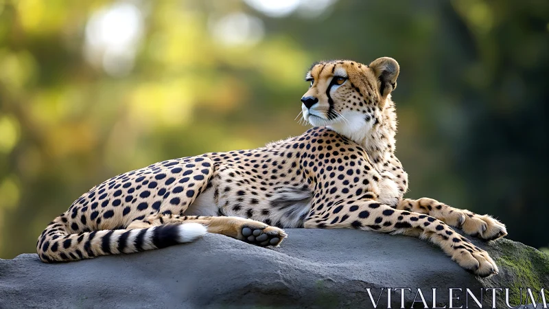 Resting adult cheetah on rock ledge in soft bokeh forest light.