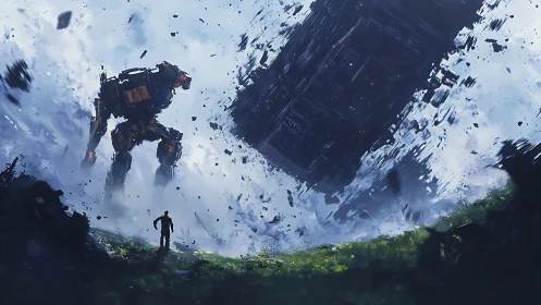 Gigantic combat mech faces falling monolith in storm