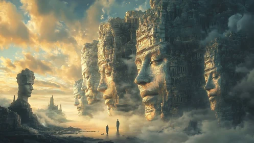 Colossal stone faces form vertical cityscapes in mist