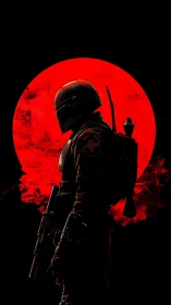 Digital painting profile of armored bounty hunter, red solar backdrop.