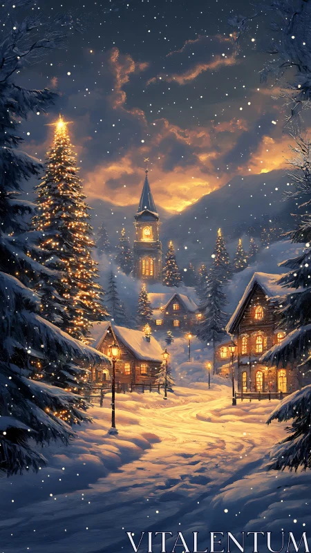 Snow-covered village street is illuminated by warm lights