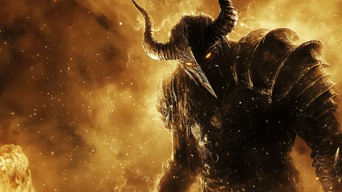 Infernal horned warlord in molten armor digital painting.