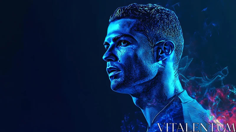 Digital blue-toned male portrait in side profile view.