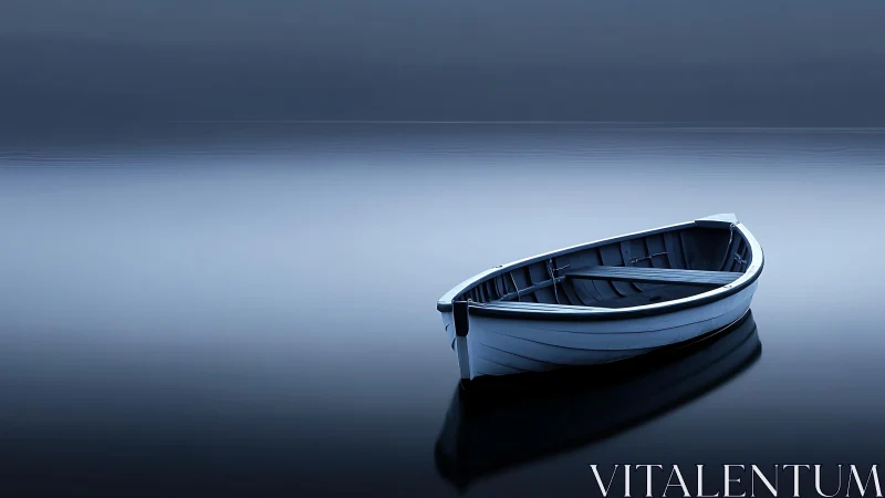 Quiet blue rowboat rests peacefully on glassy still water