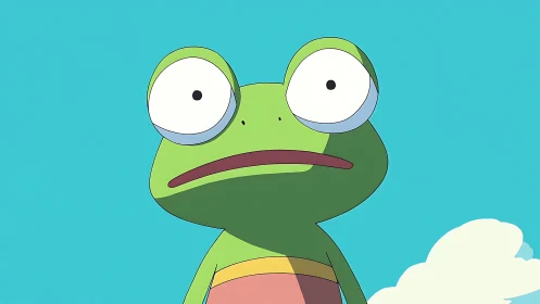 Wide-eyed cartoon frog stares upward against clear sky