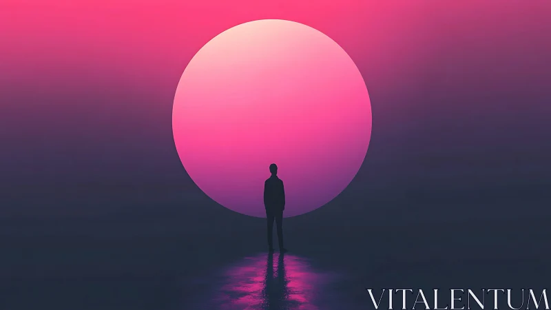 Solitary dreamer gazes toward a giant pink neon sun