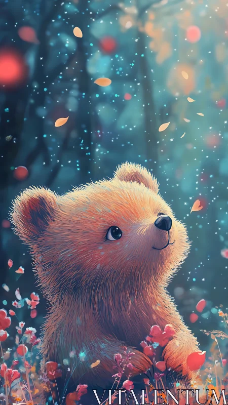 Daydreaming baby bear under glittering forest petals.