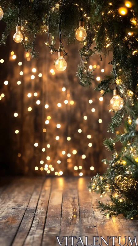 Rustic floorboards under curtain of golden holiday lights.
