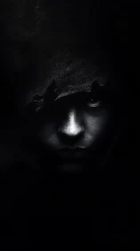 Shrouded face in deep shadow with single lit eye.
