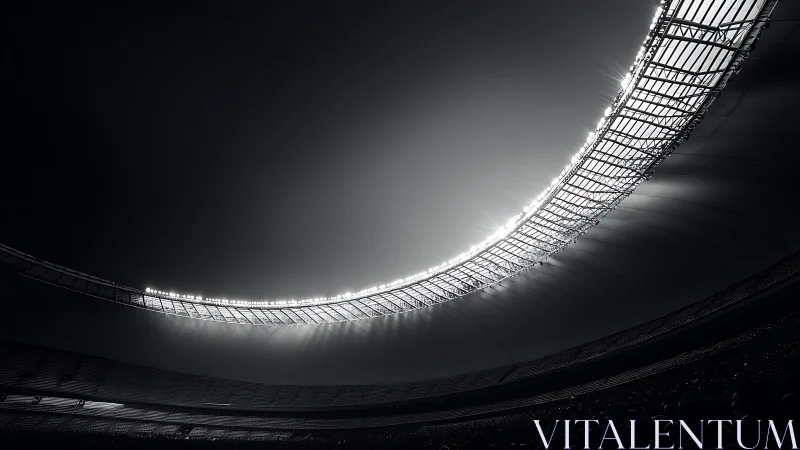 Monochrome stadium roof arc in dramatic low-angle composition.