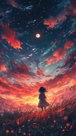 Lone silhouette under luminant nebular sunset skyfield.