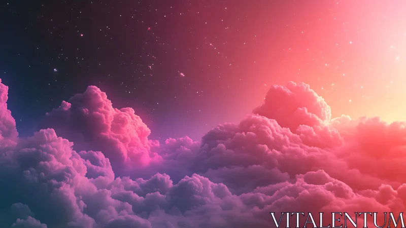 Neon colored cumulus clouds glow under a starry twilight sky