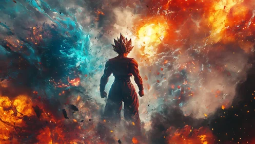 Saiyan warrior silhouetted in dual-color explosive nebula.