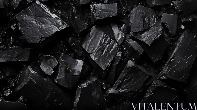 Macro study of fractured glossy black shale surfaces, lit precisely.