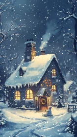 Snowy cottage glow on a quiet, storybook winter night.