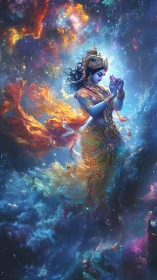 Divine blue figure floats in luminous cosmic nebula field