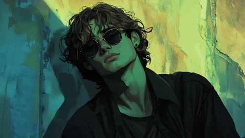 Moody portrait of curly haired youth in teal urban light.