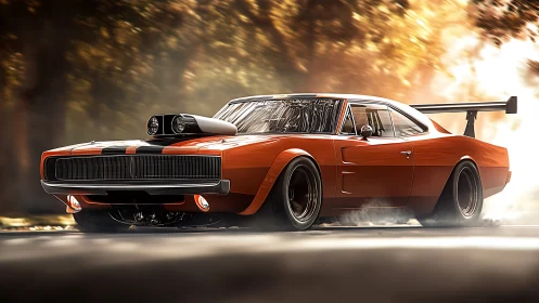 Retro muscle car drifts through autumn light in dynamic motion