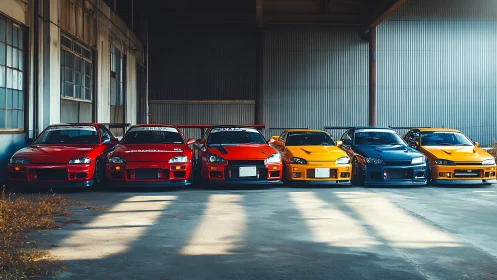 Row of tuned Japanese sports cars aligned under warehouse light