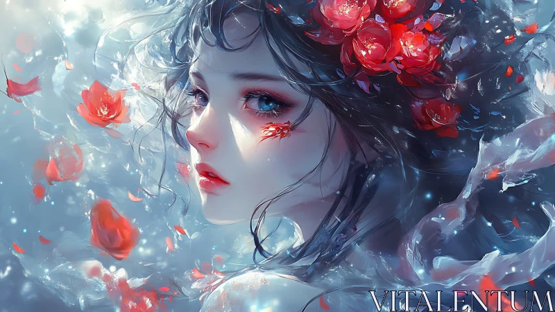 Ethereal water muse with crimson roses in drifting bloom.