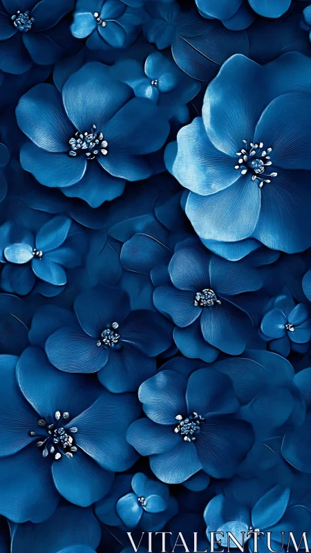 Blue Flowers with Metallic Centers in Dense Arrangement.