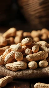Peanuts in shells on rustic sack with soft warm light.